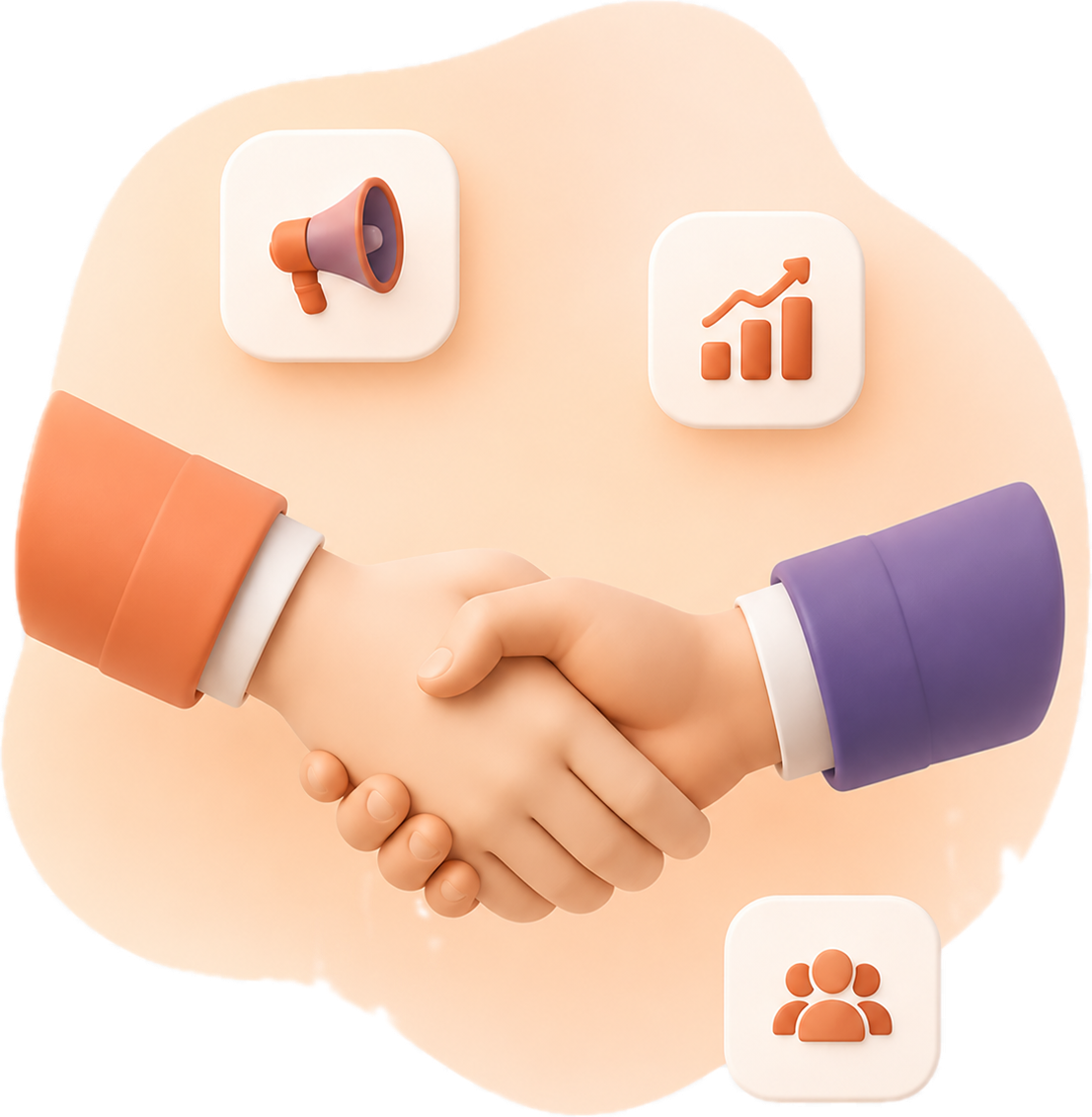 Two people shaking hands, surrounded by icons for marketing, growth, and community